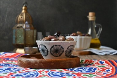 Bowl of Pickled black olives, Egyptian pickles, Arab restaurants