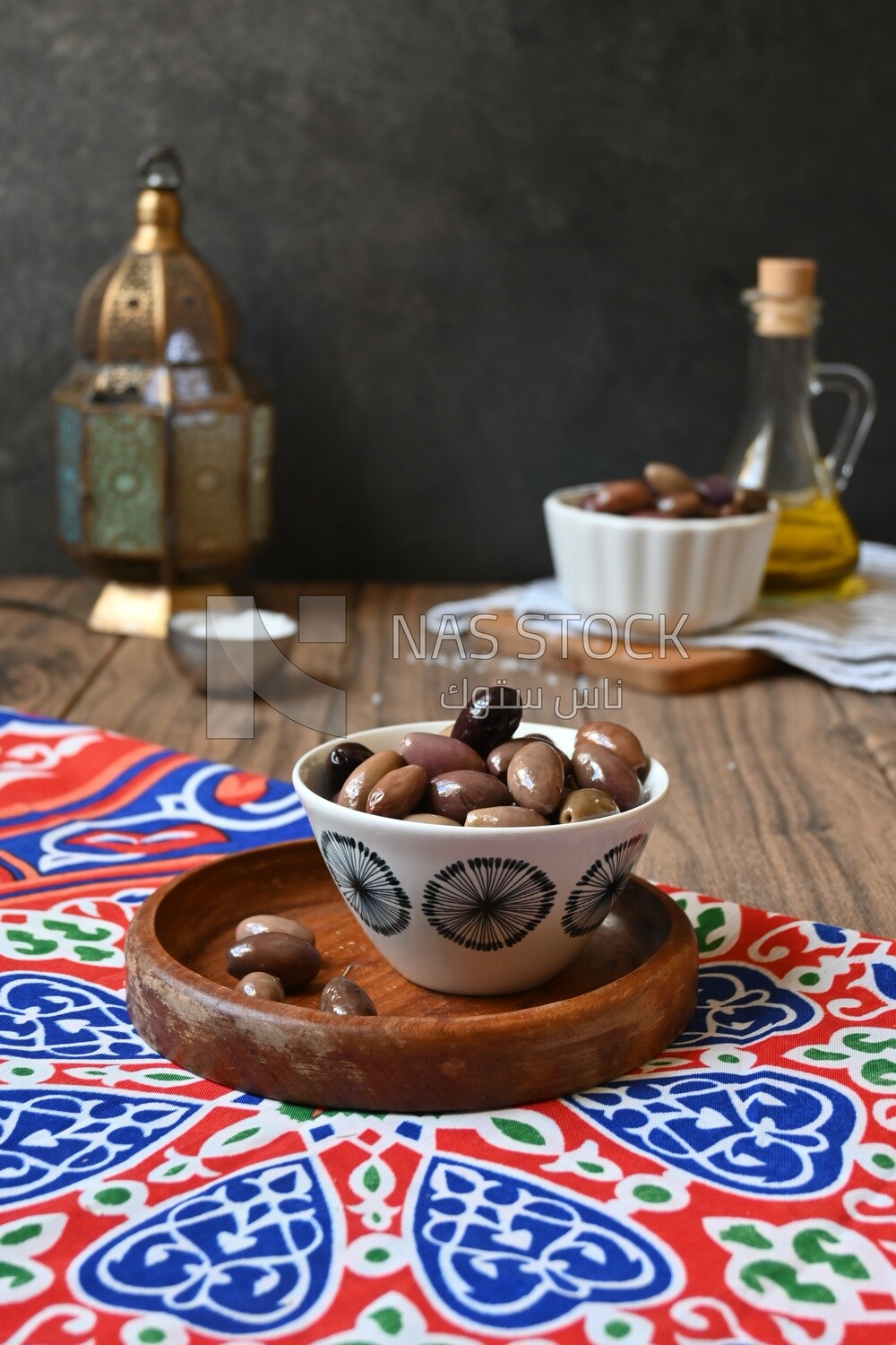 Bowl of Pickled black olives, Egyptian pickles, Arab restaurants