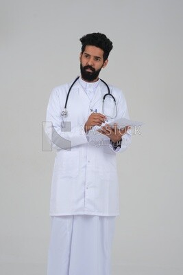 Saudi man wearing a medical coat and a stethoscope, holding a paper  to write a report on the patient&#39;s condition, white background, medicine and health care, Saudi model