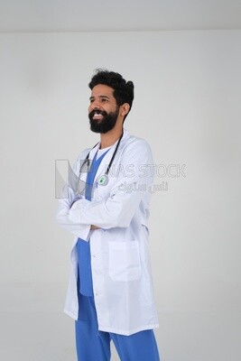 Saudi man wearing a medical coat and a stethoscope, white background, medicine and health care, Saudi model