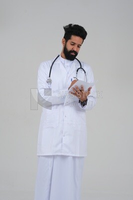 Saudi man wearing a medical coat and a stethoscope, holding a paper  to write a report on the patient&#39;s condition, white background, medicine and health care, Saudi model