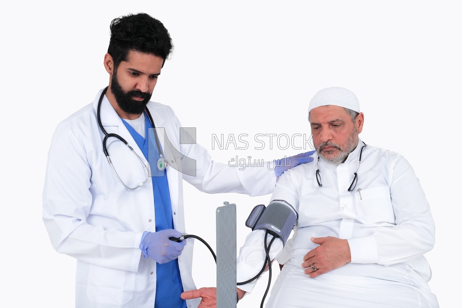 Saudi man wearing a medical coat and a stethoscope, measuring patient pressure, white background, medicine and health care, Saudi model