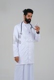 Saudi man wearing a medical coat and a stethoscope, holding a medicine tape, white background, medicine and health care, Saudi model