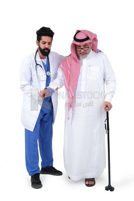 Saudi man wearing a medical coat and a stethoscope, helping the patient, white background, medicine and health care, Saudi model