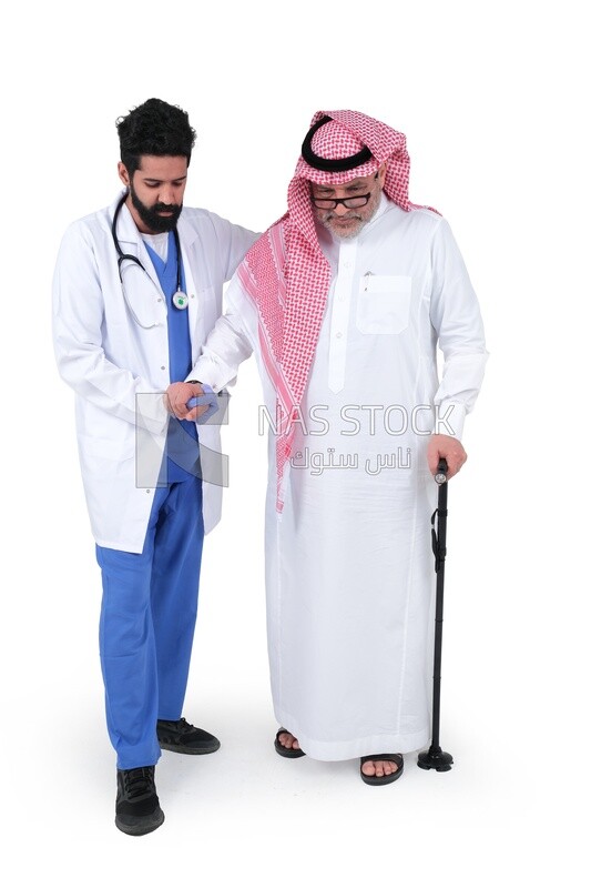 Saudi man wearing a medical coat and a stethoscope, helping the patient, white background, medicine and health care, Saudi model