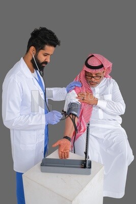 Saudi man wearing a medical coat and a stethoscope, measuring patient pressure, white background, medicine and health care, Saudi model