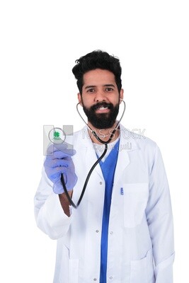 Saudi man wearing a medical coat and a stethoscope, white background, medicine and health care, Saudi model