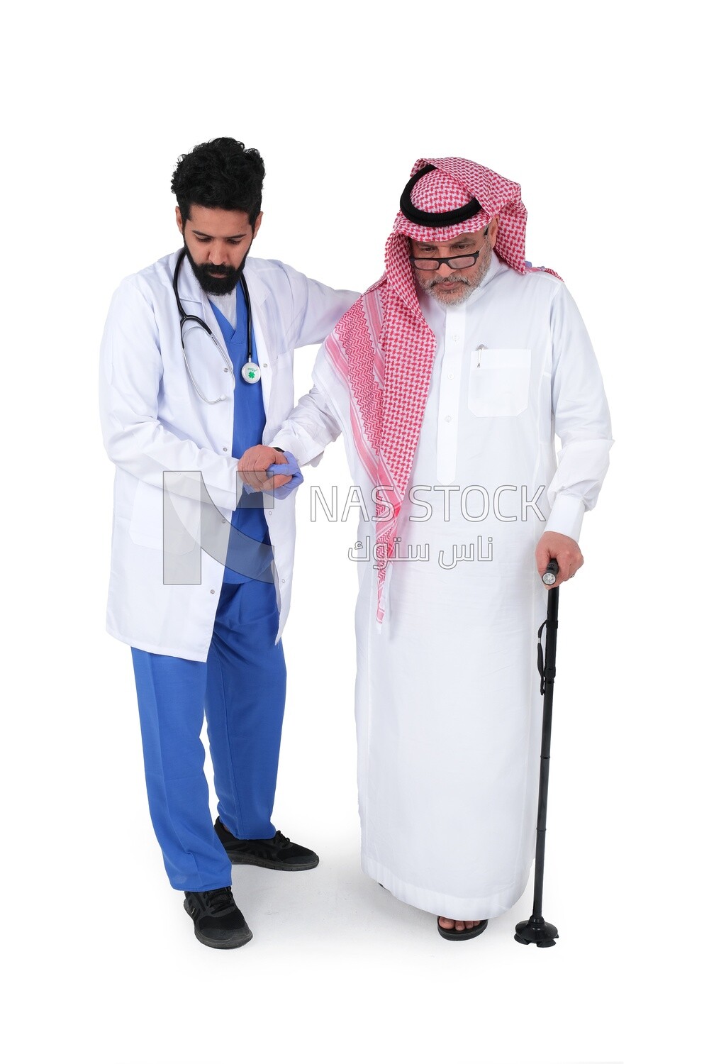Saudi man wearing a medical coat and a stethoscope, helping the patient, white background, medicine and health care, Saudi model
