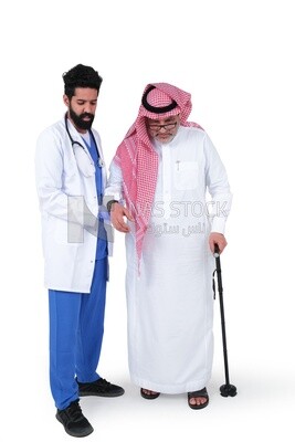 Saudi man wearing a medical coat and a stethoscope, helping the patient, white background, medicine and health care, Saudi model
