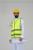 saudi engineer wearing a work hat and safety vest, holding in his hand the construction plan, engineering professions and jobs, white background, Saudi model