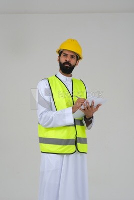 Saudi engineer wearing a work helmet and protective jacket, writing and taking notes, engineering professions and jobs, white background, Saudi model
