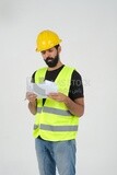 Saudi engineer wearing a work helmet and protective jacket, writing and taking notes, engineering professions and jobs, white background, Saudi model