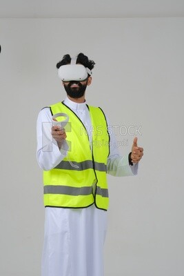 Saudi engineer wearing a safety vest, use the VR of 3D hologram technology, engineering professions and jobs, white background, Saudi model