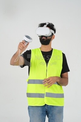 Saudi engineer wearing a safety vest, use the VR of 3D hologram technology, engineering professions and jobs, white background, Saudi model