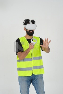 Saudi engineer wearing a safety vest, use the VR of 3D hologram technology, engineering professions and jobs, white background, Saudi model