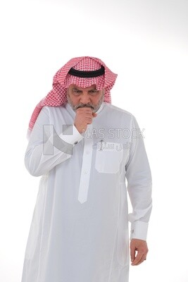 saudi man who puts his hand in front of his mouth while coughing with different facial and hands gestures, Saudi model, white background