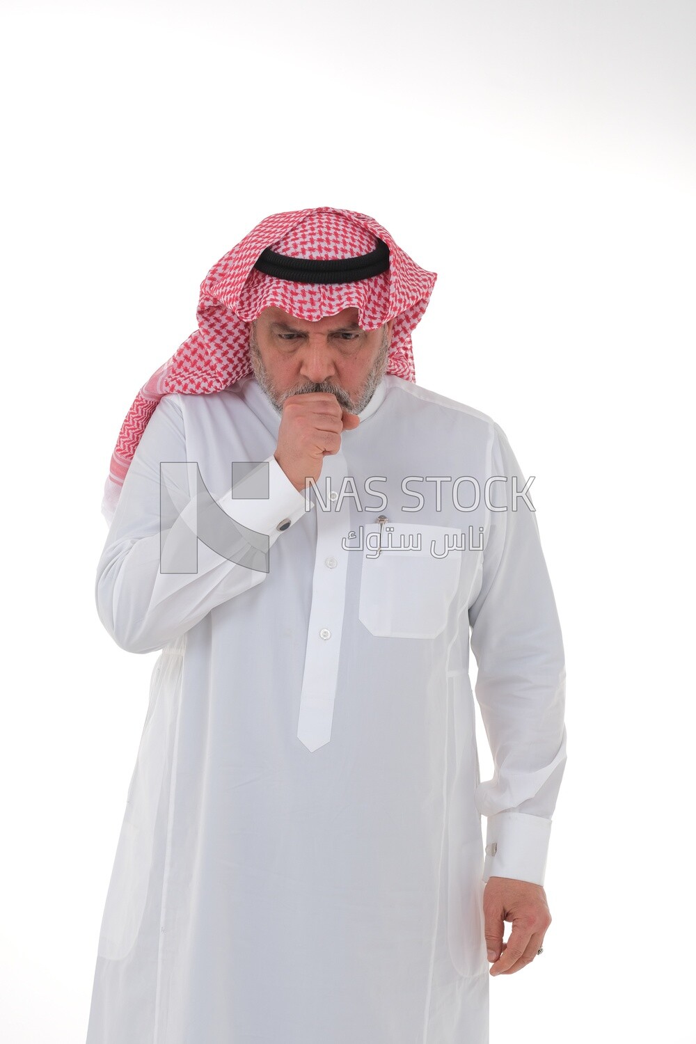 saudi man who puts his hand in front of his mouth while coughing with different facial and hands gestures, Saudi model, white background