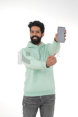 saudi man using a mobile phone, communicating with individuals, online requests and marketing, social relations, using technical devices, white background