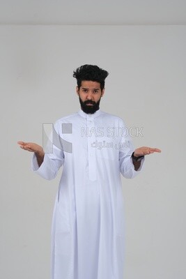 Saudi man making different hand gestures, opening his hands to display something,  Saudi model, white background