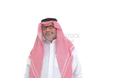 close-up of a Saudi man in traditional Saudi dress, wearing glasses, Saudi model, white background