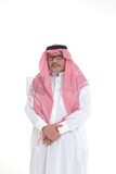 close-up of a Saudi man in traditional Saudi dress, wearing glasses, Saudi model, white background