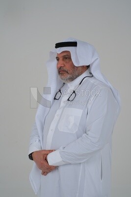 close-up of a Saudi man in traditional Saudi dress, side view, Saudi model, white background