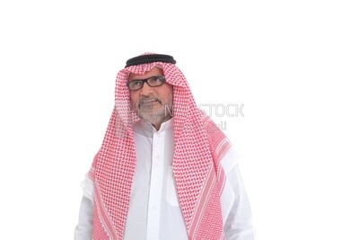 close-up of a Saudi man in traditional Saudi dress, wearing glasses, Saudi model, white background