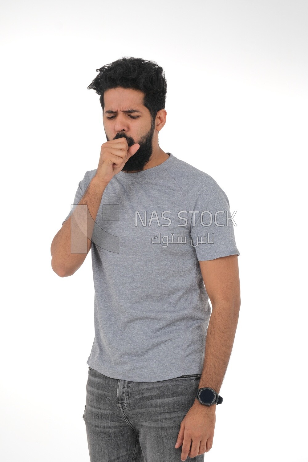 saudi man who puts his hand in front of his mouth while coughing with different facial and hands gestures, Saudi model, white background
