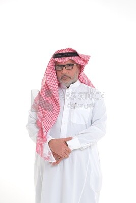 close-up of a Saudi man in traditional Saudi dress, wearing glasses, Saudi model, white background