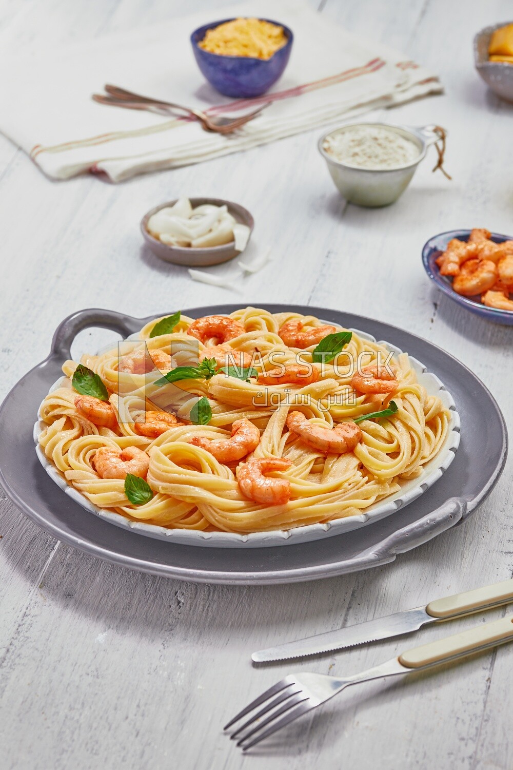 Plate of spaghetti with shrimp