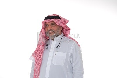 close-up of a Saudi man in traditional Saudi dress, wearing glasses, Saudi model, white background