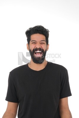 Saudi man wearing a casual dress looks happy, facial gestures indicating happiness and joy, self-confidence, white background, Saudi model