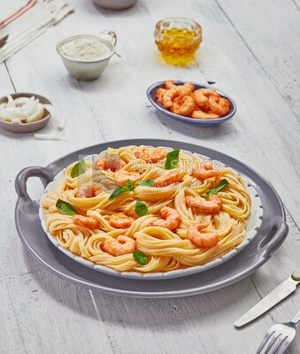 Plate of spaghetti with shrimp And appetizers