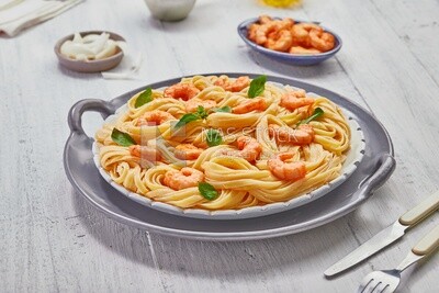Plate of spaghetti with shrimp And appetizers
