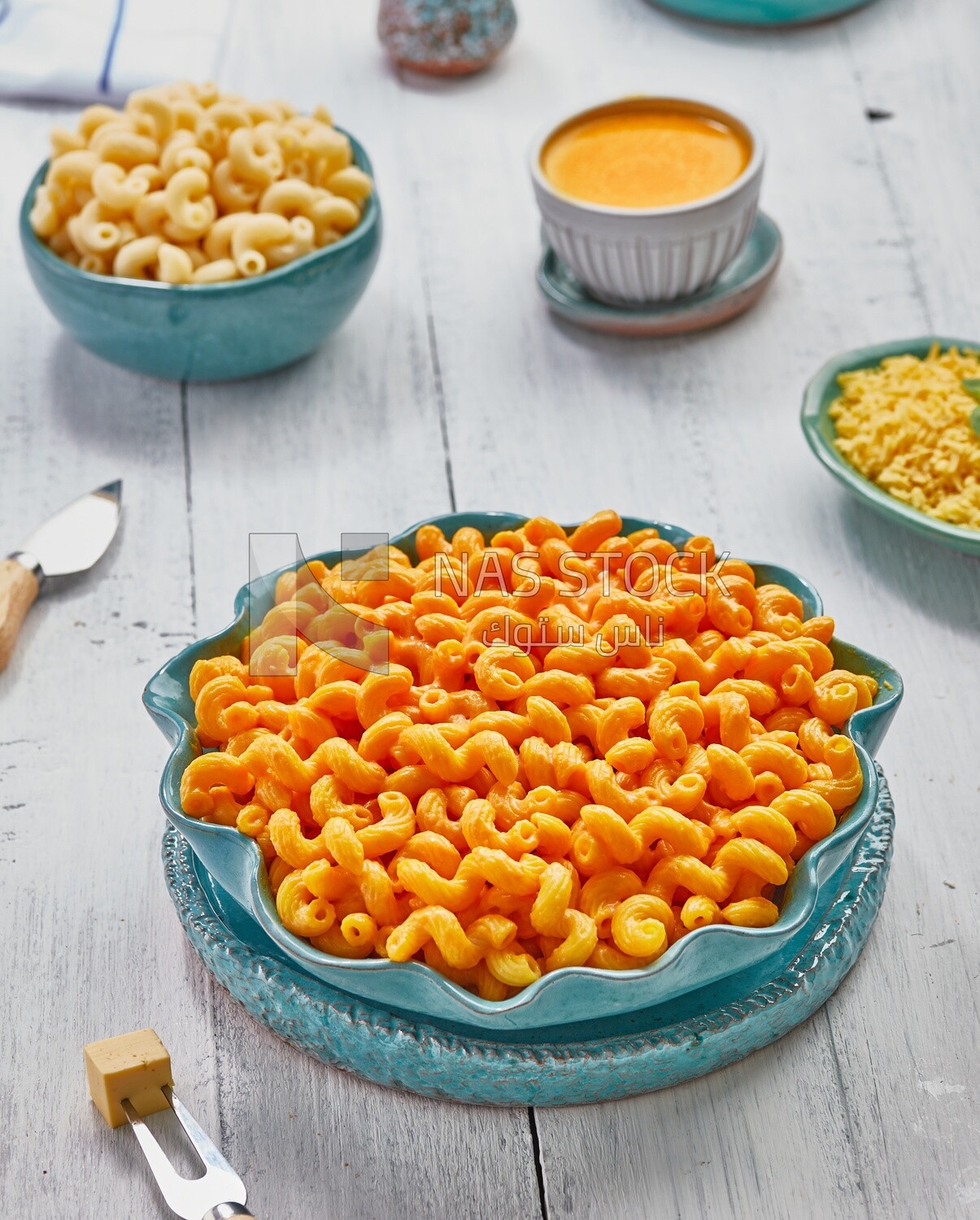 Top view of a dining table containing a plate of pasta with cheese and appetizers