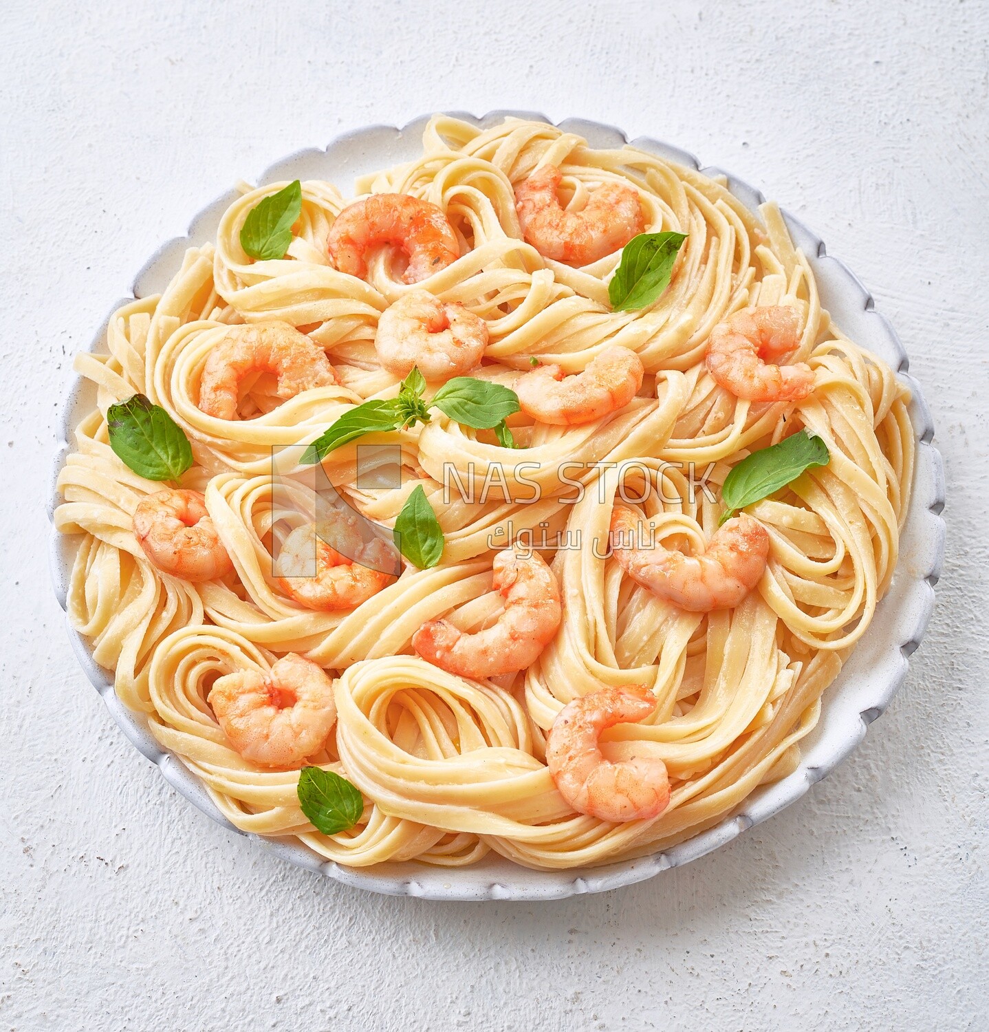 Plate of spaghetti with shrimp