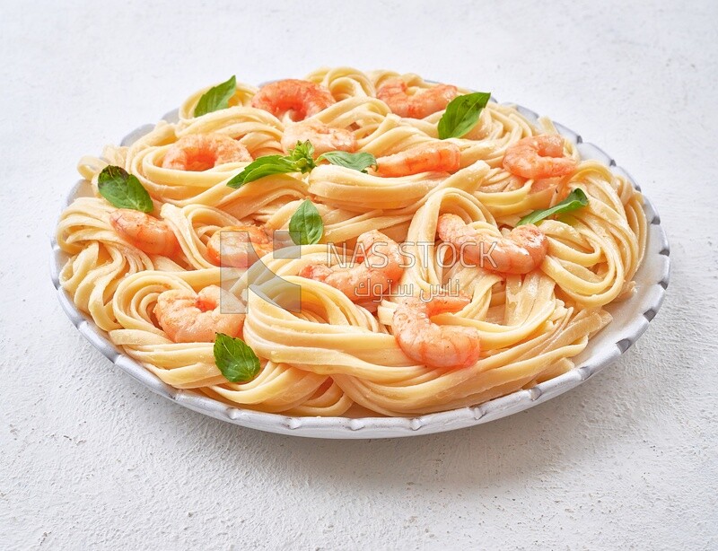 Plate of spaghetti with shrimp