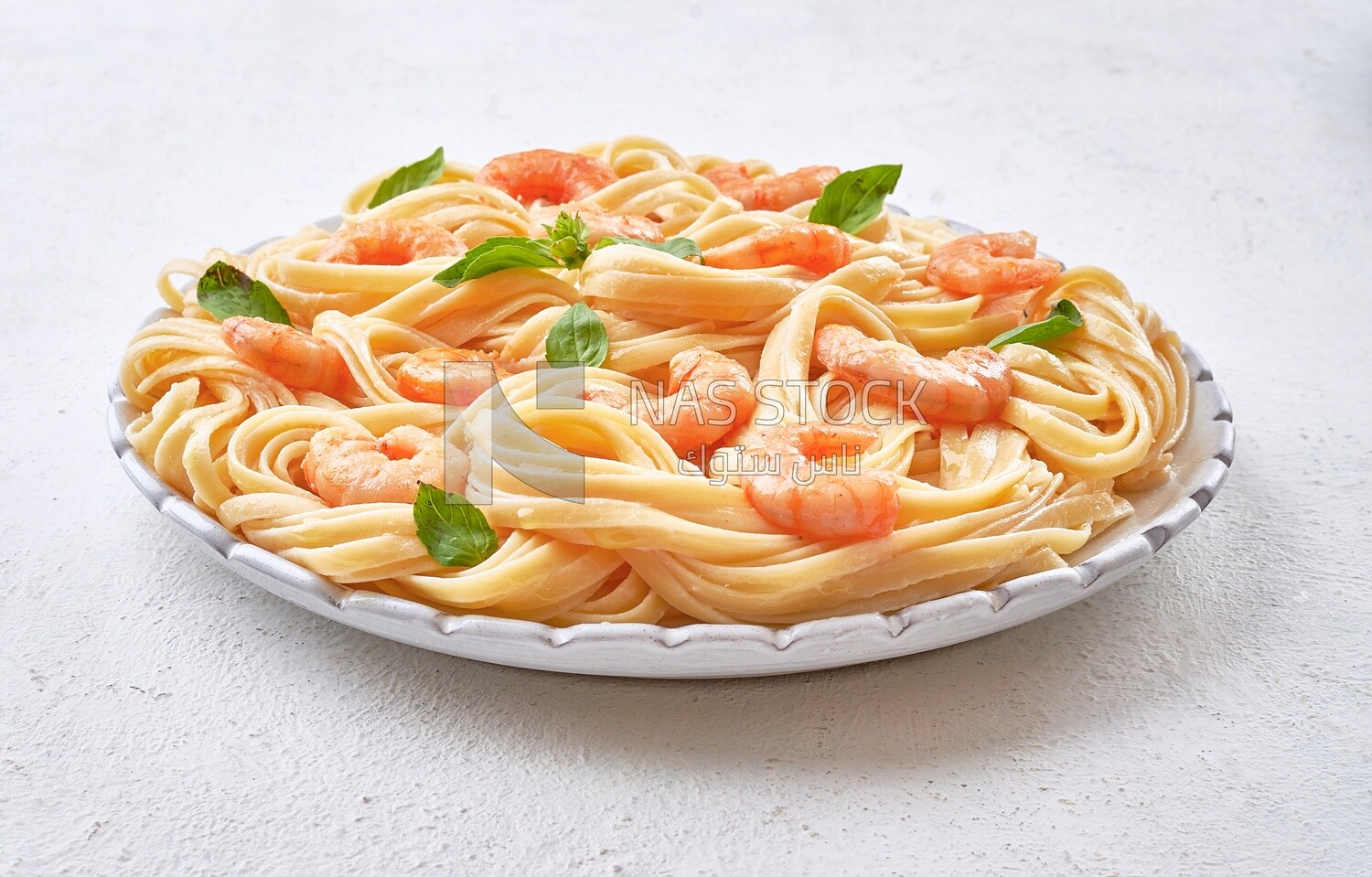 Spaghetti with shrimp ,Side view