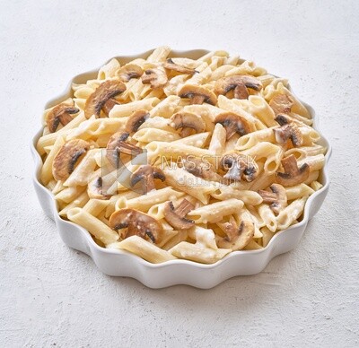 Pasta with mushrooms on a solid background