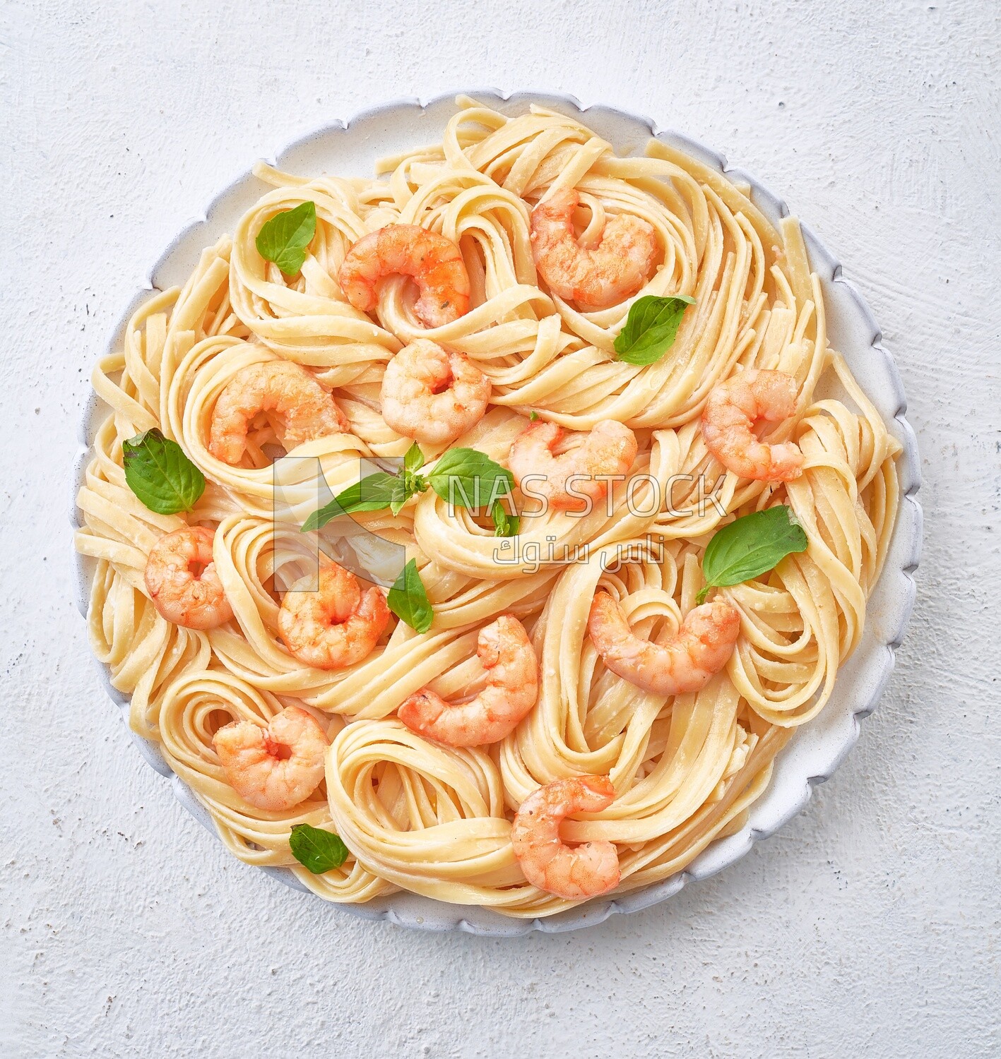 Spaghetti with shrimp ,Top view