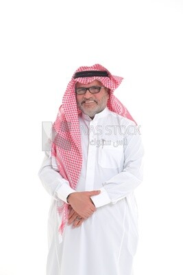 close-up of a Saudi man in traditional Saudi dress, wearing glasses, Saudi model, white background