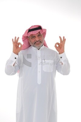 Saudi man with different facial and hands gestures, a Saudi young man wearing a white dress with a shemagh and headband, white background, Saudi model