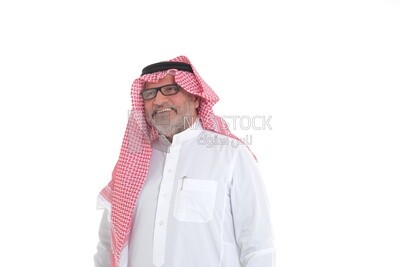 close-up of a Saudi man in traditional Saudi dress, wearing glasses, Saudi model, white background