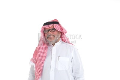 side view of a close-up of a Saudi man in traditional Saudi dress, wearing glasses looking away, Saudi model, white background
