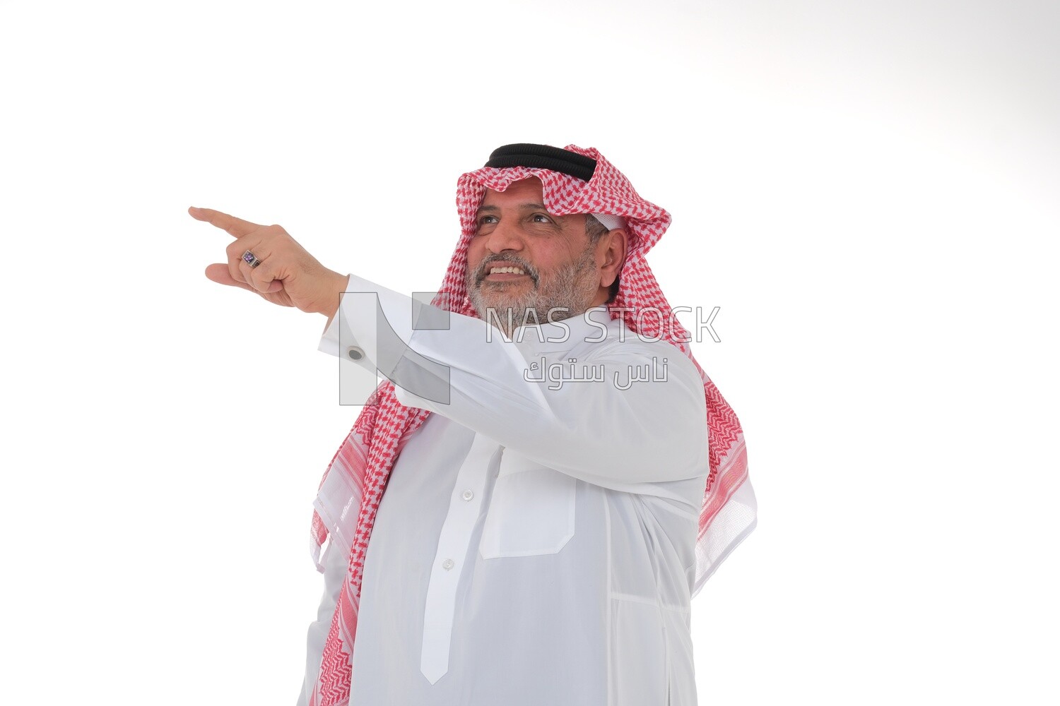 close-up of a Saudi man in traditional Saudi dress pointing away, side view, Saudi model, white background