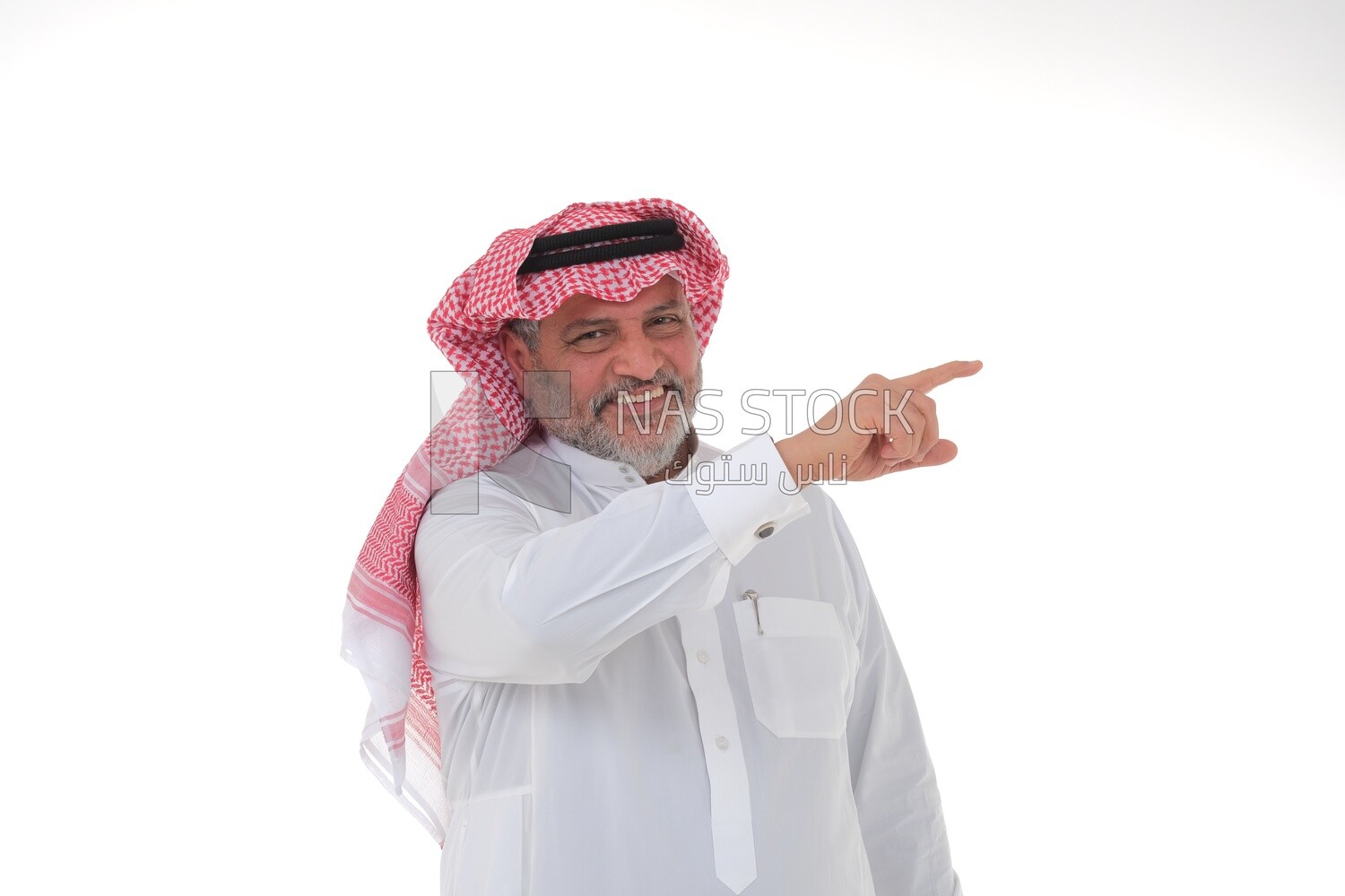 close-up of a Saudi man in traditional Saudi dress pointing away, side view, Saudi model, white background