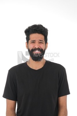 close-up of a Saudi man in the casual dress looks angry, Saudi model, white background