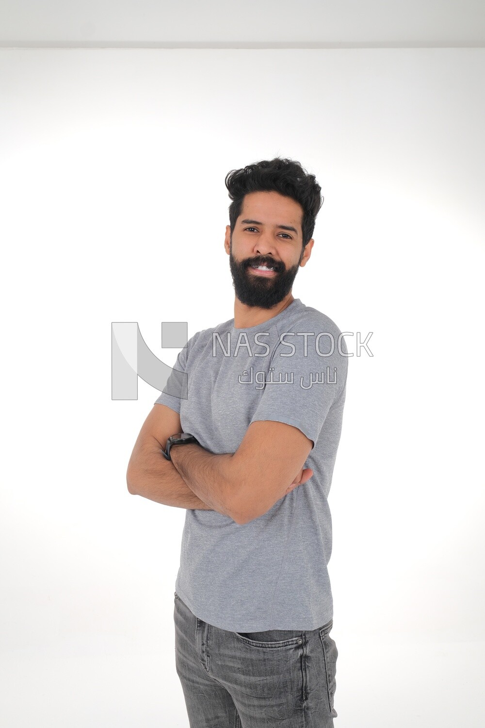 close-up of a Saudi man in the casual dress, Saudi model, white background