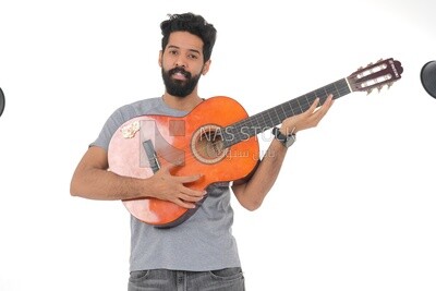 Saudi  man carrying a musical instrument, guitar playing talent, entertainment and singing, white background, Saudi model
