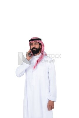 Saudi man using a mobile phone, talking on the phone , communicating with individuals, online requests and marketing, social relations, using technical devices, white background